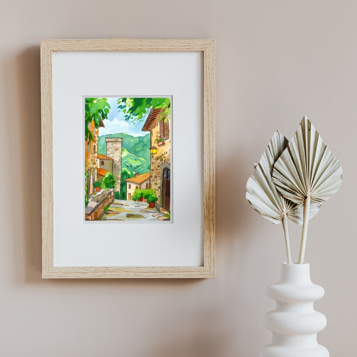 Gubbio Stone Village Street with Medieval Tower Watercolor Poster - Image 2