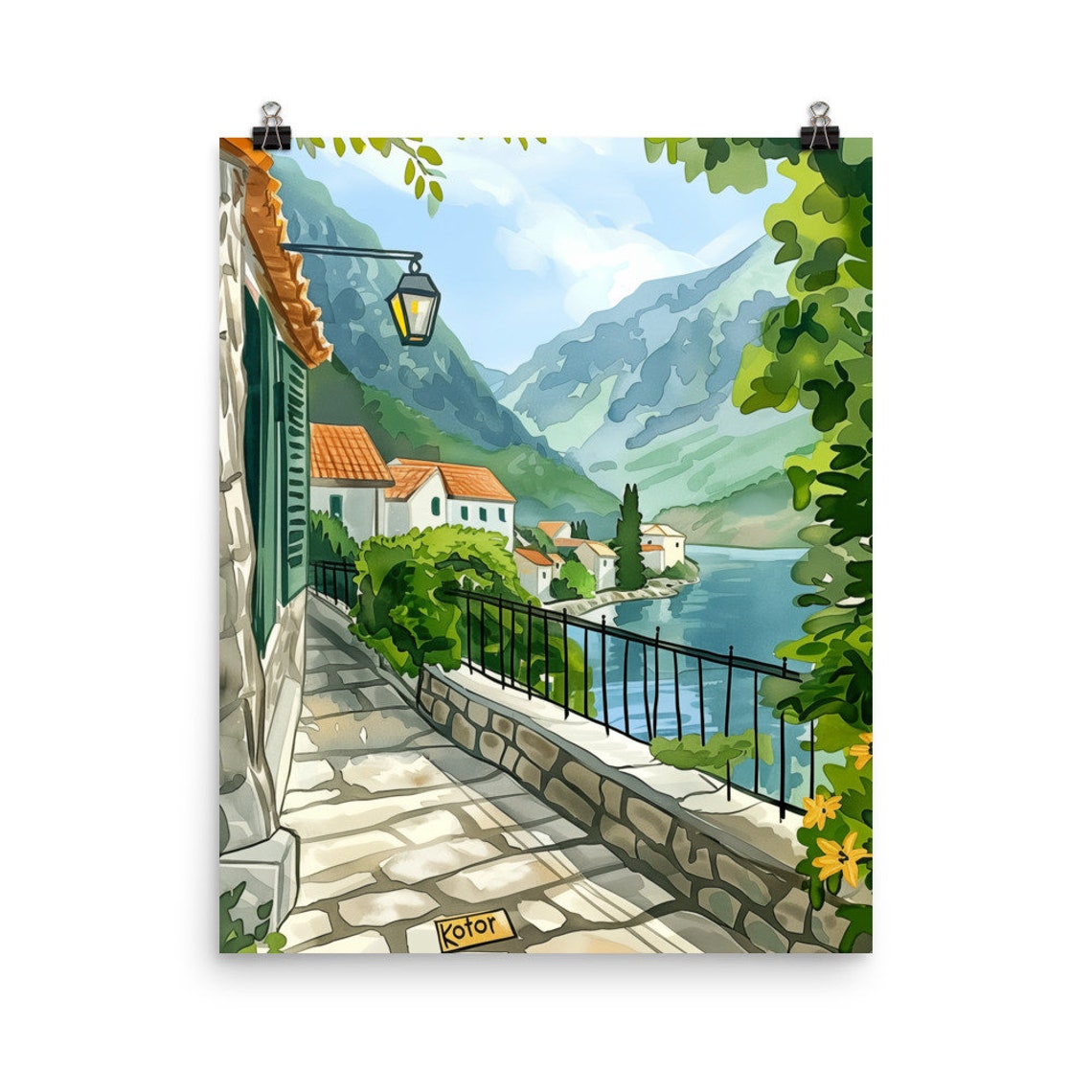 Kotor Montenegro Stone Walkway along the Bay Watercolor Poster