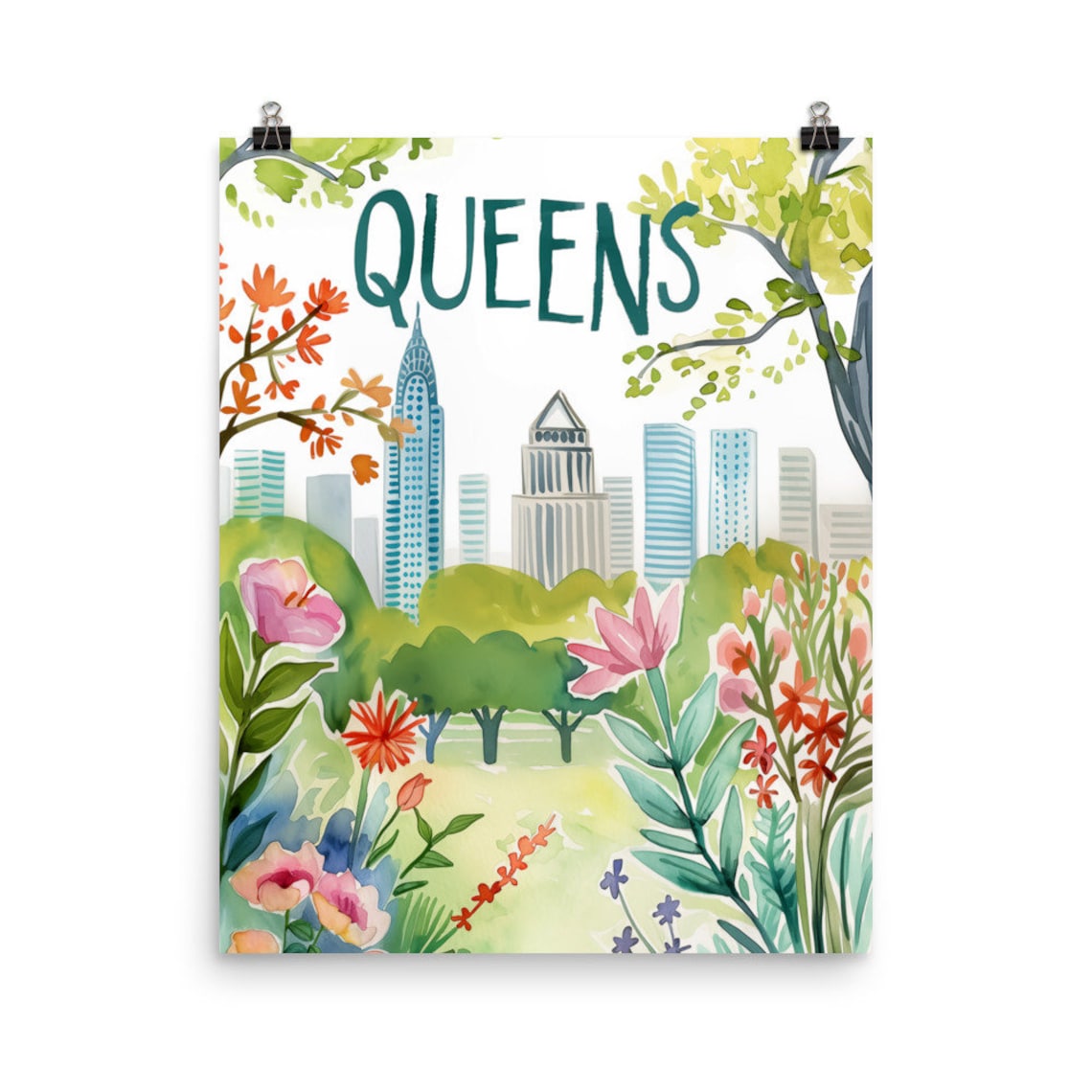 Queens Spring Garden Floral Skyline Watercolor New York Poster