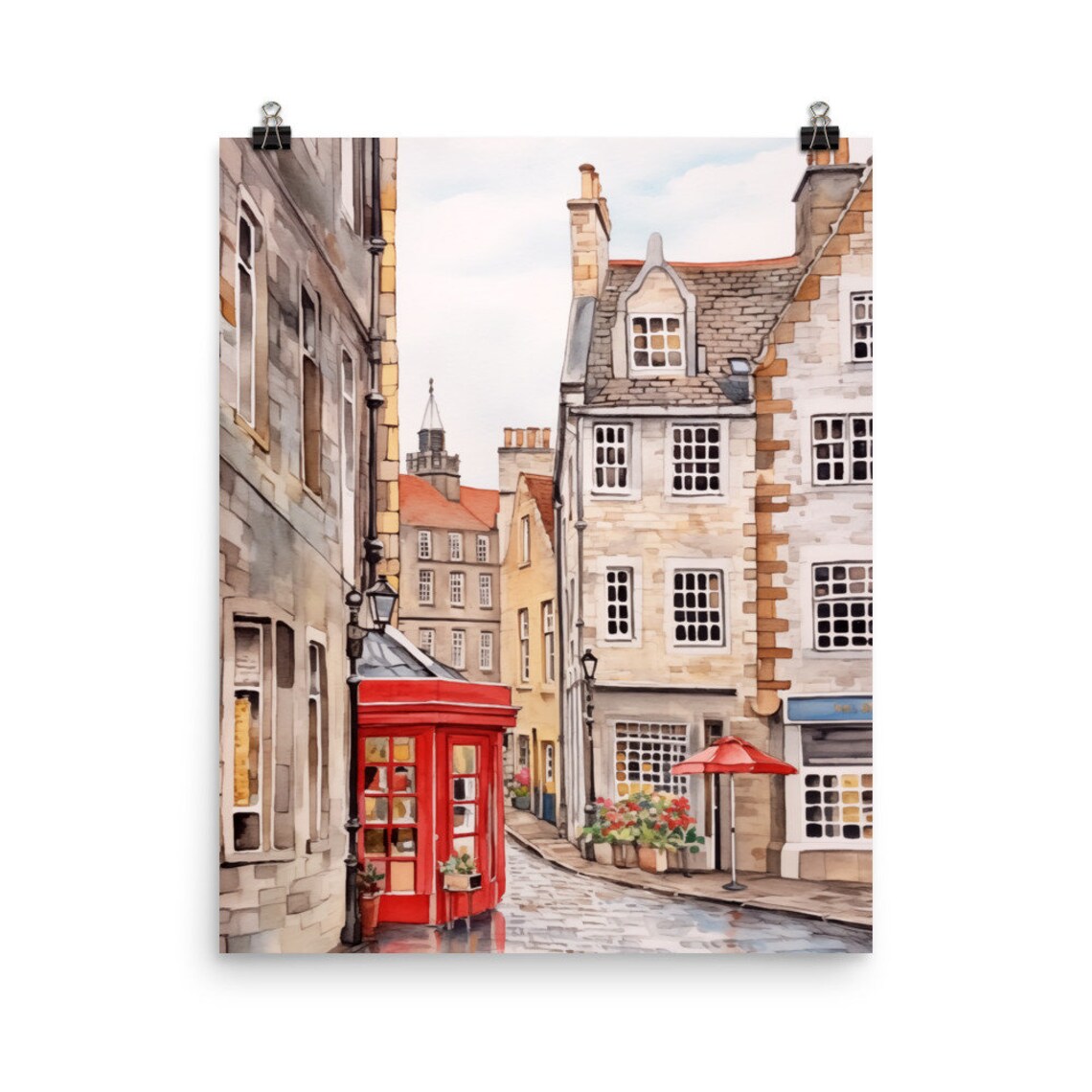 Edinburgh Watercolor Travel Poster, Scotland Cityscape