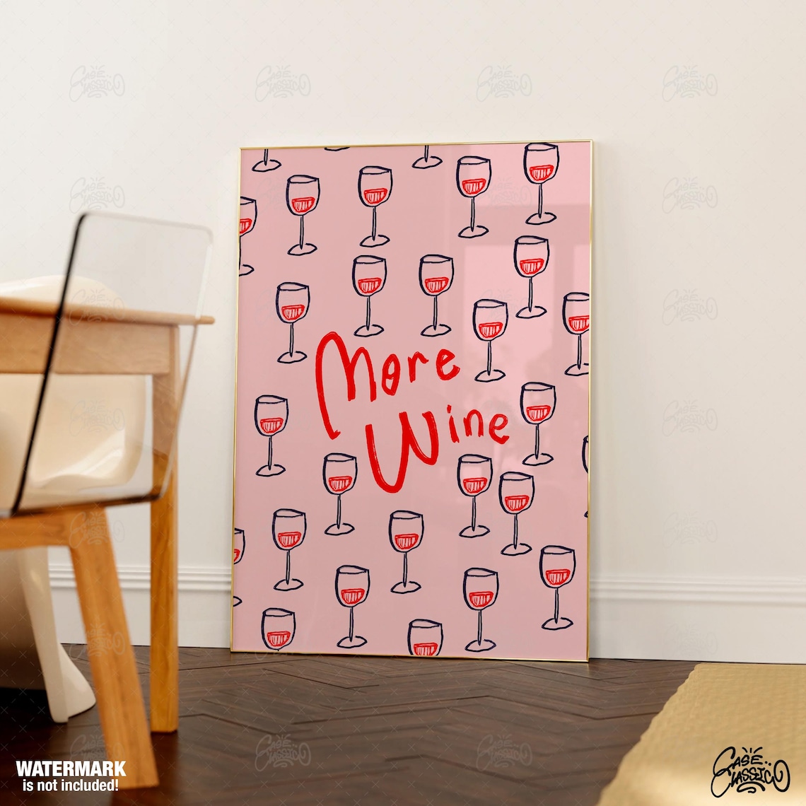 More Wine Pink Hand Drawn Wine Glasses Kitchen Art Poster for Bar Carts