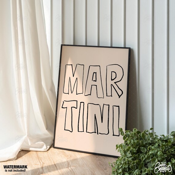Martini Cocktail Typography Beige Minimalist Bar Cart Wall Art