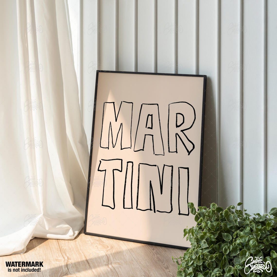 Martini Cocktail Typography Beige Minimalist Bar Cart Wall Art