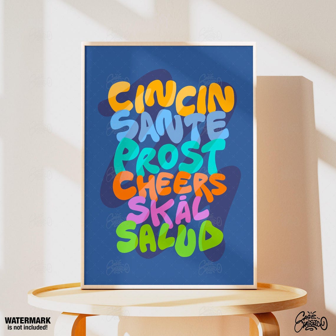 Cheers in Every Language Colorful Typography Bar Cart Poster