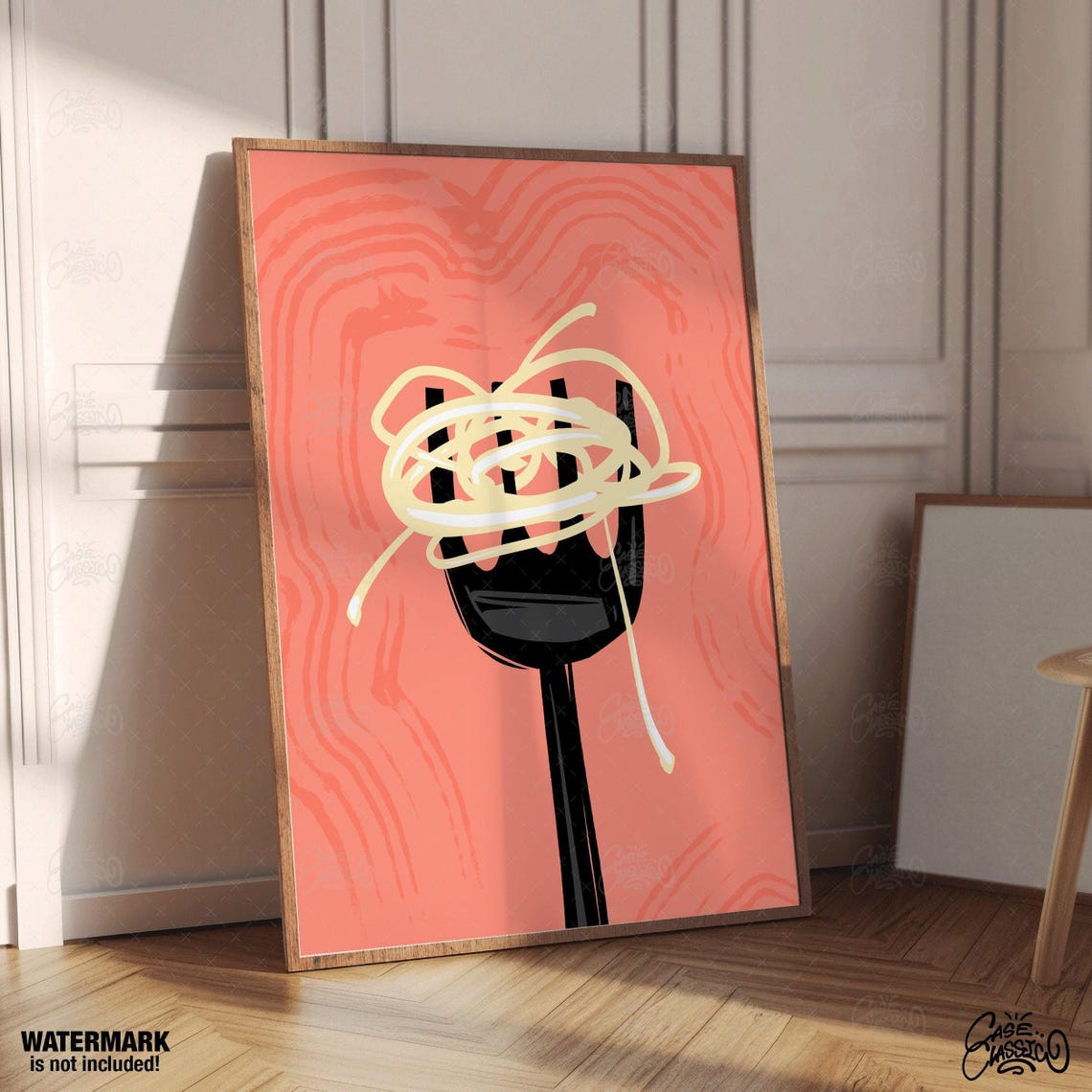 Spaghetti On Fork Coral Background Playful Pasta Kitchen Poster