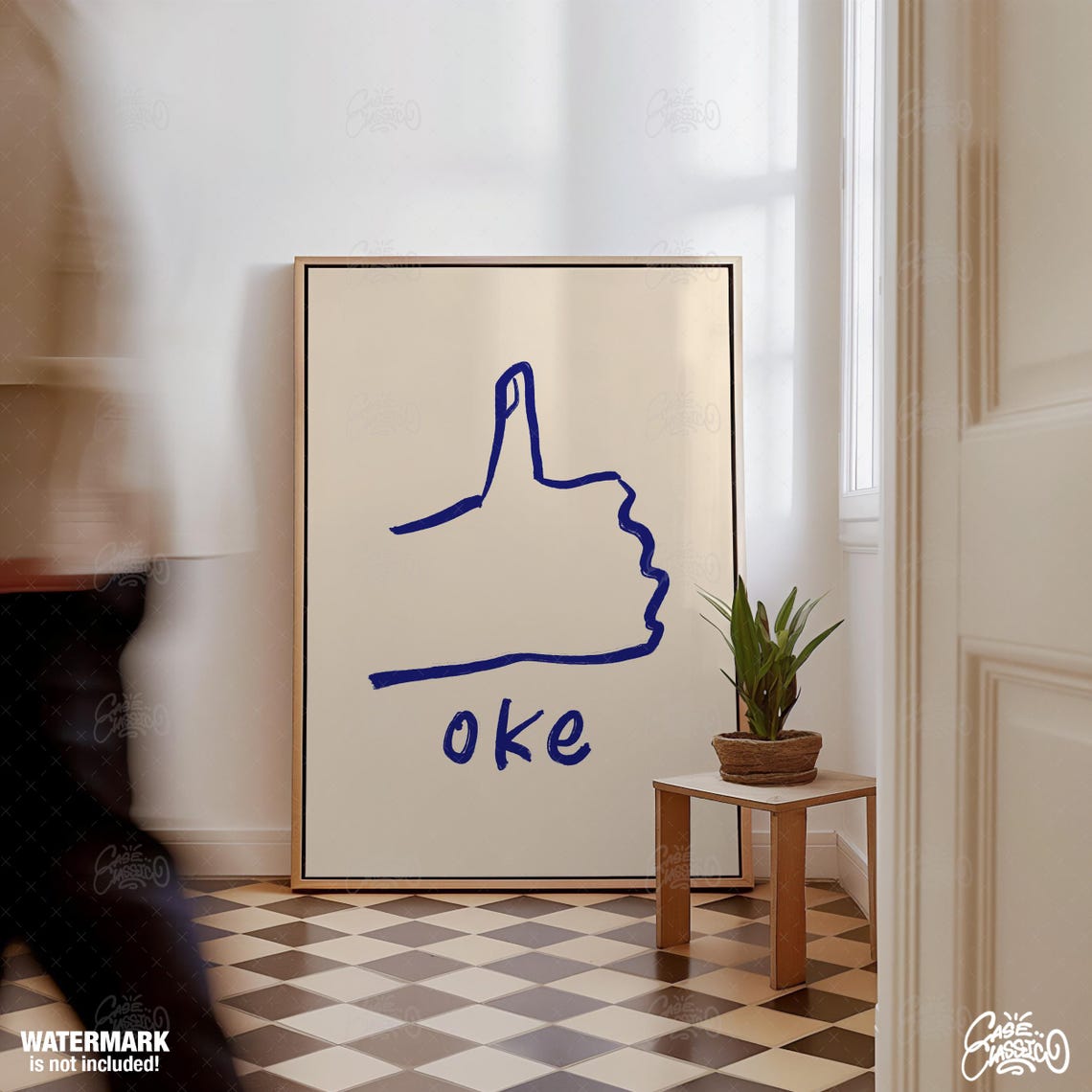 Oke Thumbs Up Minimal Blue Doodle Playful Typography Art Poster