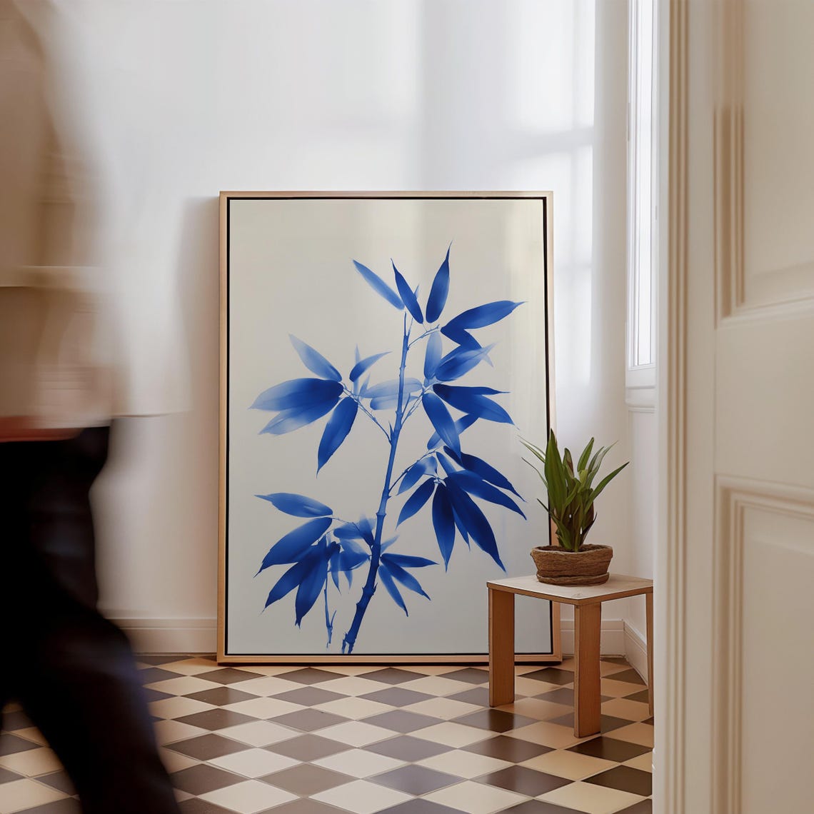 Blue Watercolor Bamboo Leaves Botanical Print Minimal Nature Decor