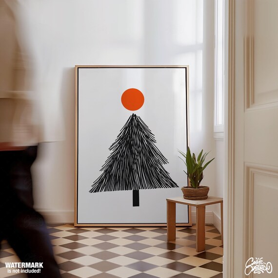 Minimalist Pine Tree With Orange Sun Japanese Style Line Art Poster