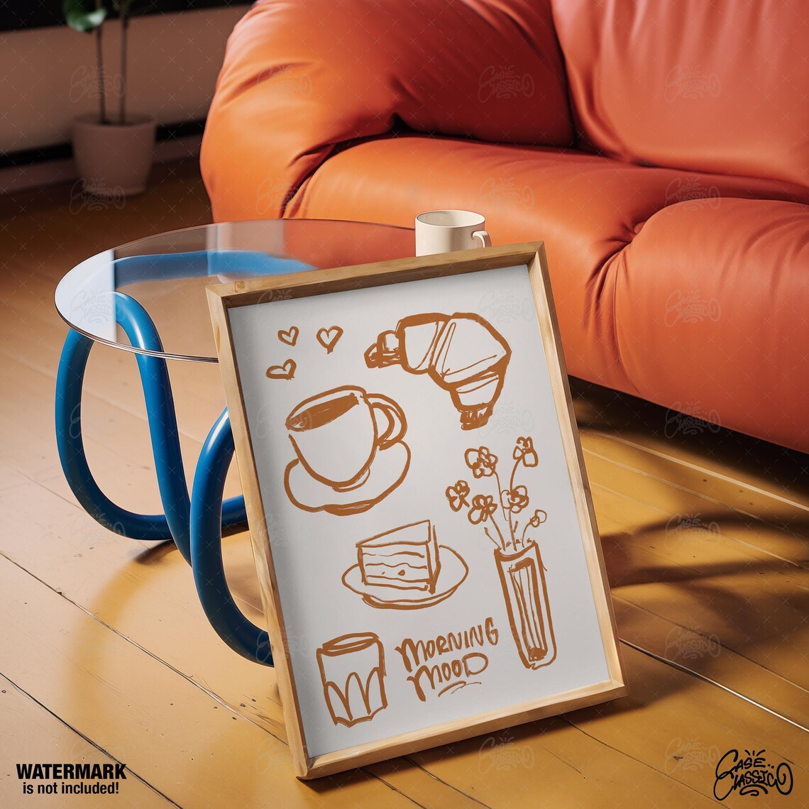 Morning Mood Cafe Sketch Coffee Cup Croissant Kitchen Art Poster