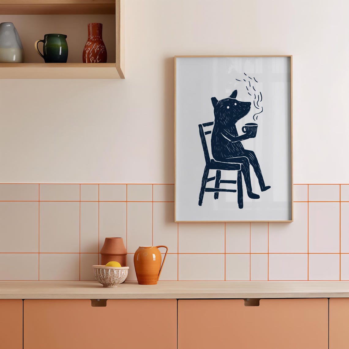 Cute Dog Sipping Coffee Illustrated Funny Animal Kitchen Poster