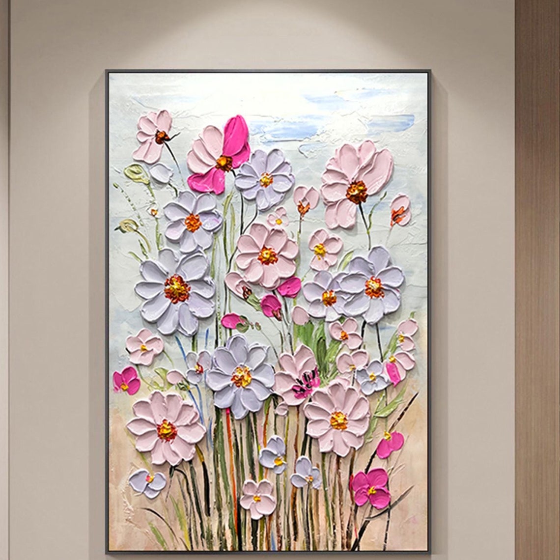 Textured Pink Lavender Cosmos Spring Painting Framed Floral Wall Art