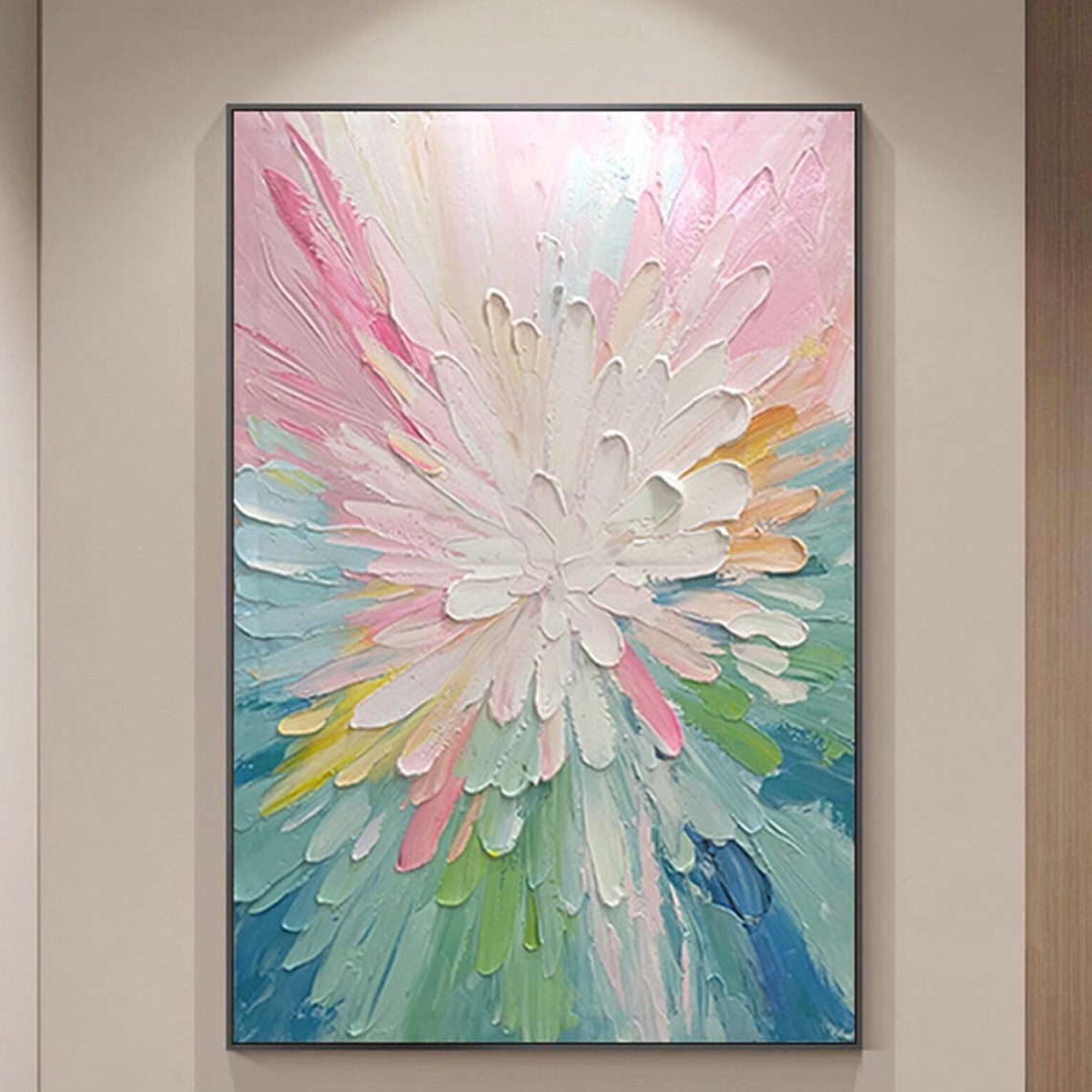 White Flower Burst Colorful Splash Textured Vertical Floral Wall Art