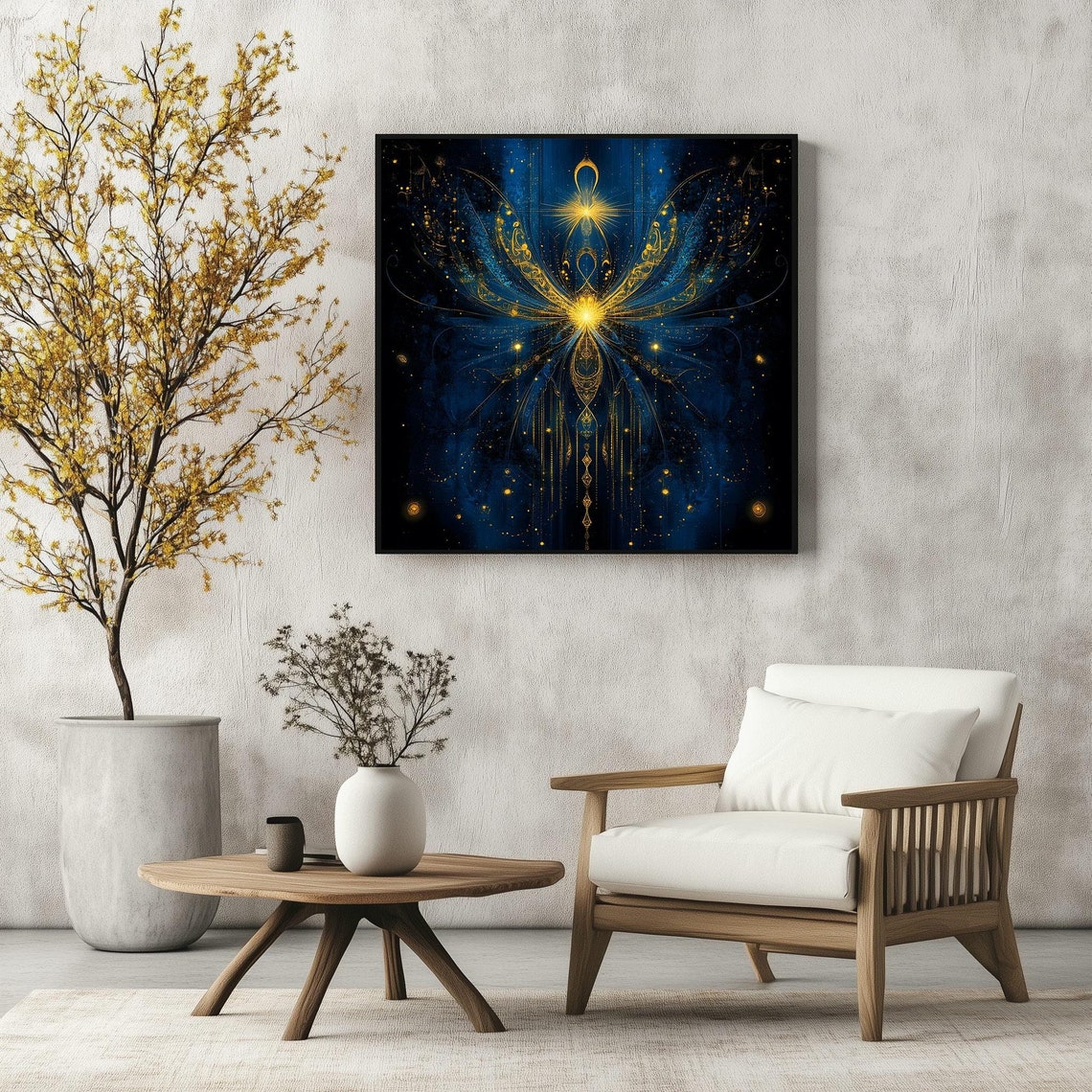 Golden Butterfly Celestial Abstract Deep Blue Spiritual Wall Art