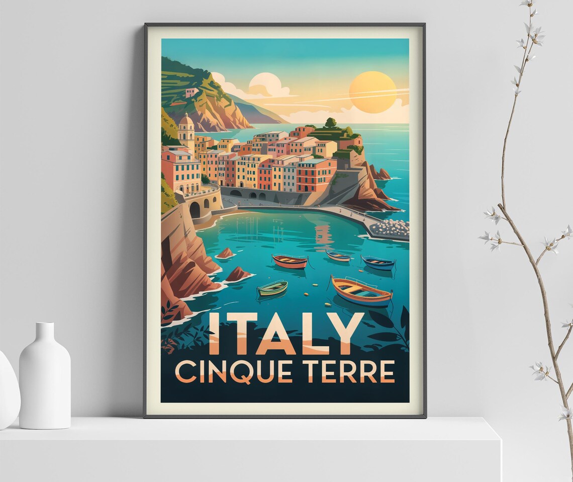 Italy Cinque Terre Golden Sunset Coastal Village Boats Poster
