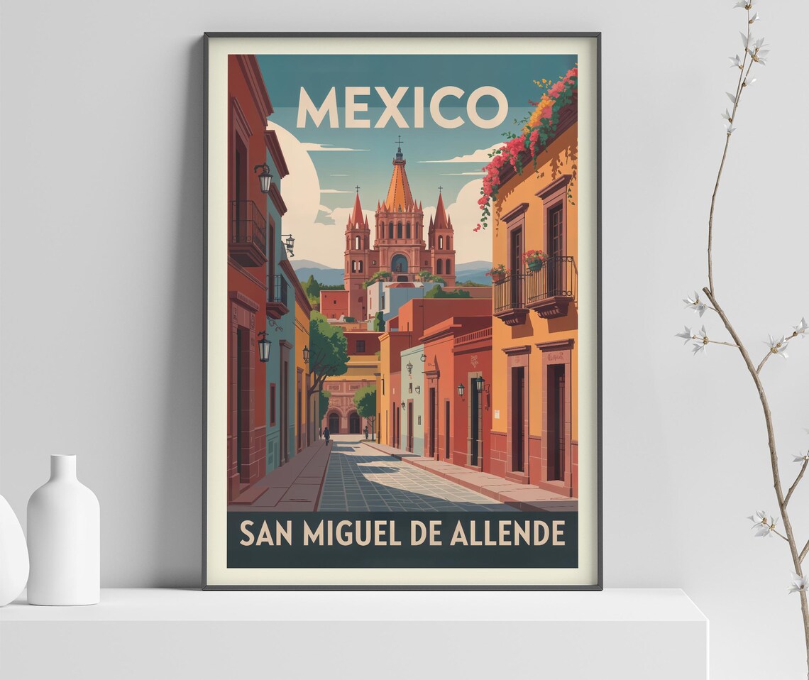 Mexico San Miguel de Allende Vintage Travel Poster Church Street