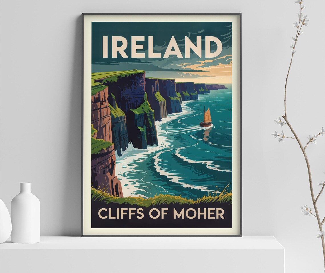 Ireland Cliffs Of Moher Atlantic Waves Sailboat Travel Poster