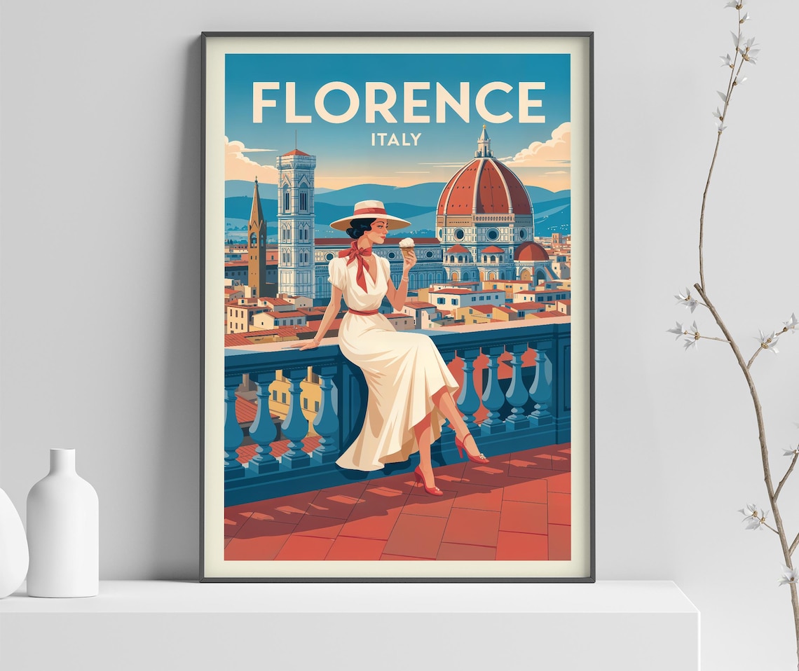 Florence Italy Duomo Gelato Girl Vintage Retro Travel Poster