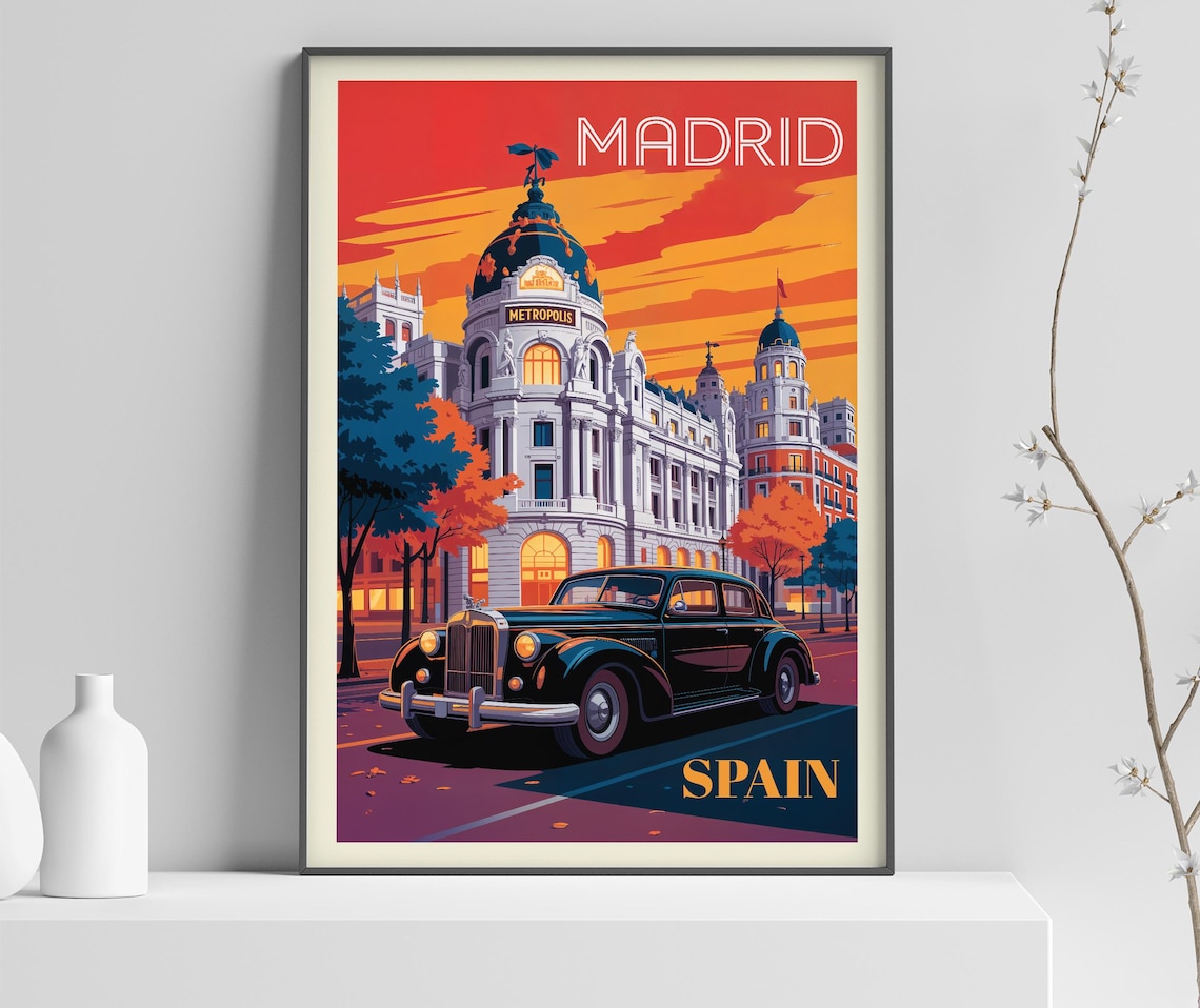 Madrid Spain Metropolis Building Orange Sunset Vintage Car Poster