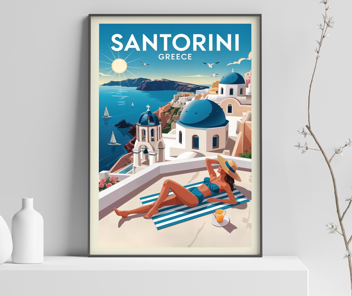 Greece Santorini Woman Sunbathing by Blue Domes Daytime Poster