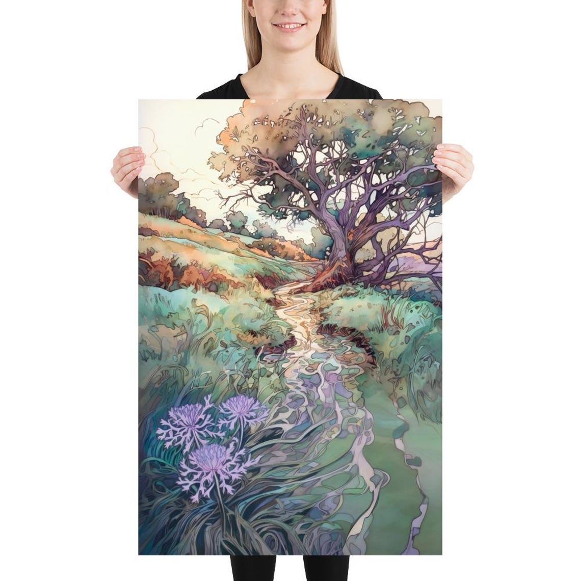 Hillside Stream with Purple Blooms Watercolor Landscape Poster - Image 5