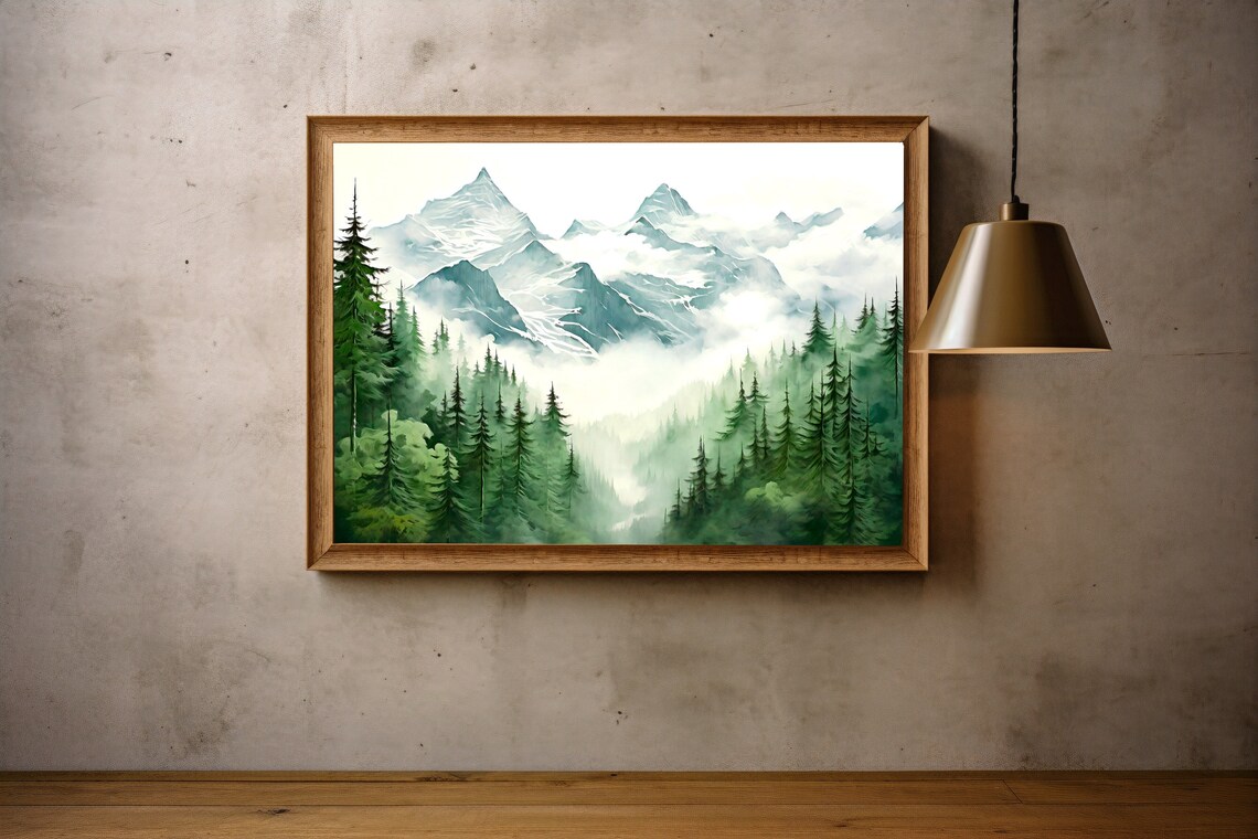 Misty Mountain Forest Foggy Pine Trees Watercolor Nature Poster - Image 5
