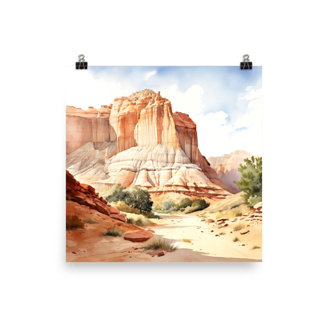 Red Rock Canyon Butte Watercolor with Desert Trail and Trees Poster - Image 4