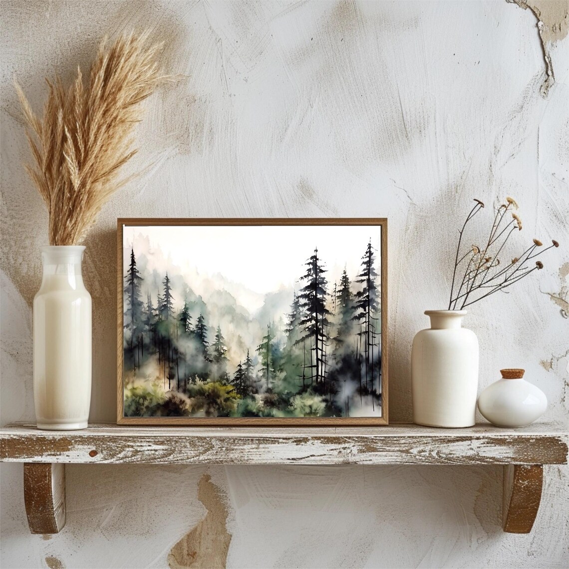 Misty Pine Forest Foggy Trees Watercolor Nature Landscape Wall Art - Image 5