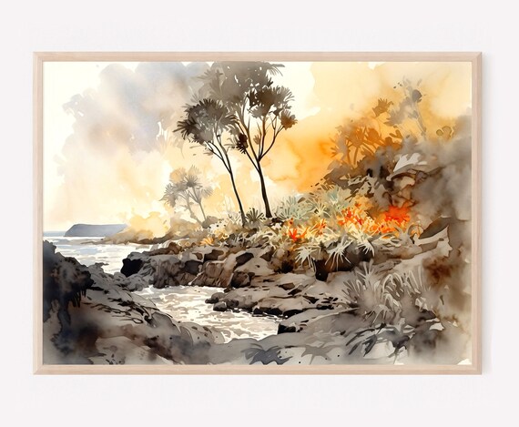 Hawaii Volcanoes Rocky Coast Palm Trees Orange Flowers Poster