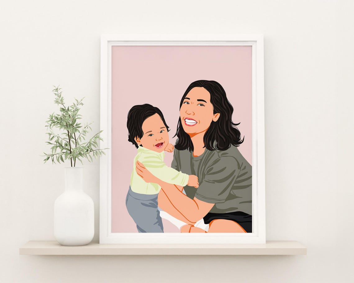 Faceless Mother Holding Young Child Blush Pink Background Art Poster