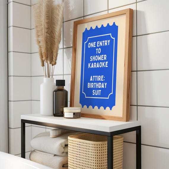 Shower Karaoke Ticket Poster Funny Print Bathroom Wall Art Birthday Suit Singing Blue White