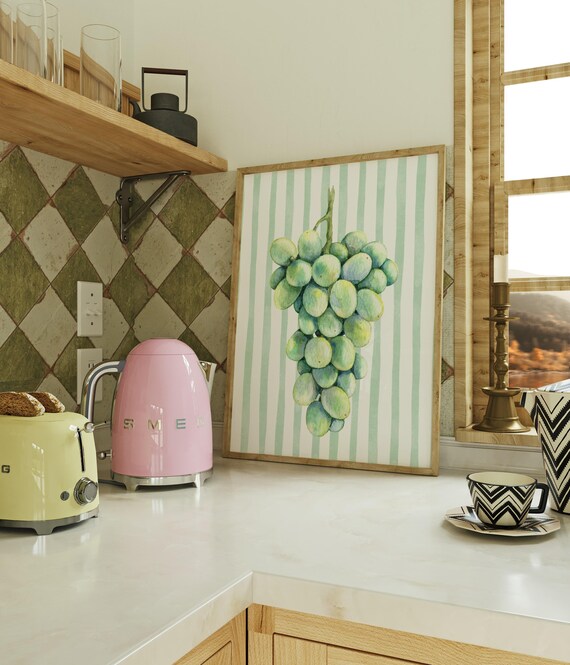 Green Grapes Bunch Watercolor Mint Striped Fresh Kitchen Art Poster