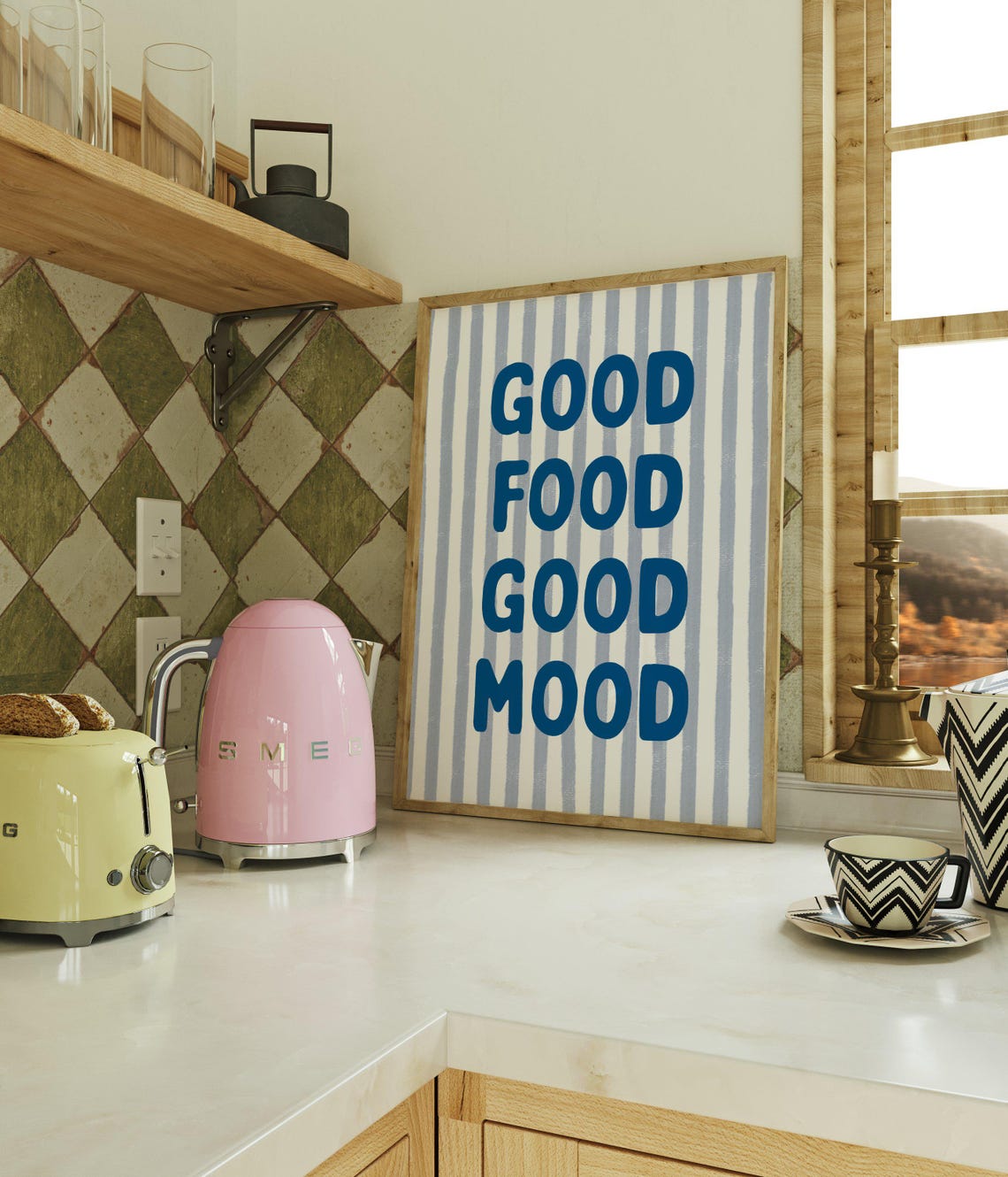 Good Food Good Mood Bold Blue Lettering Striped Kitchen Art Poster