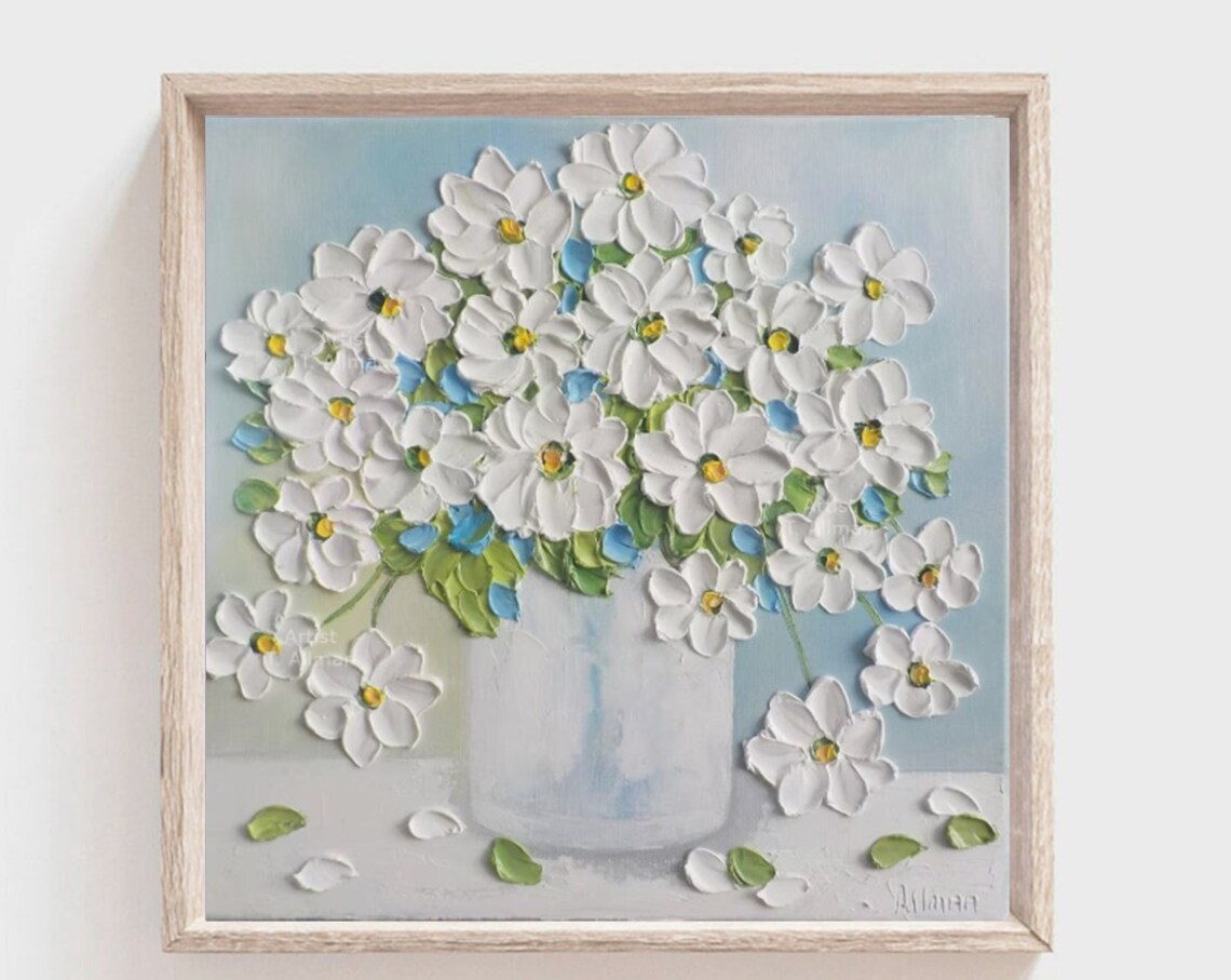 White Daisy Still Life Oil Painting, Custom Wall Art Print