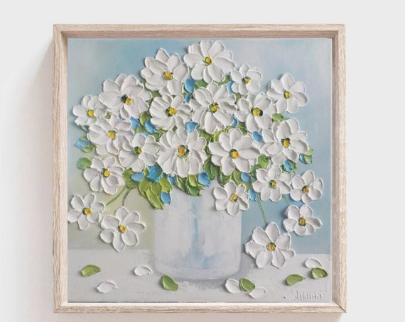 White Daisy Still Life Oil Painting, Custom Wall Art Print