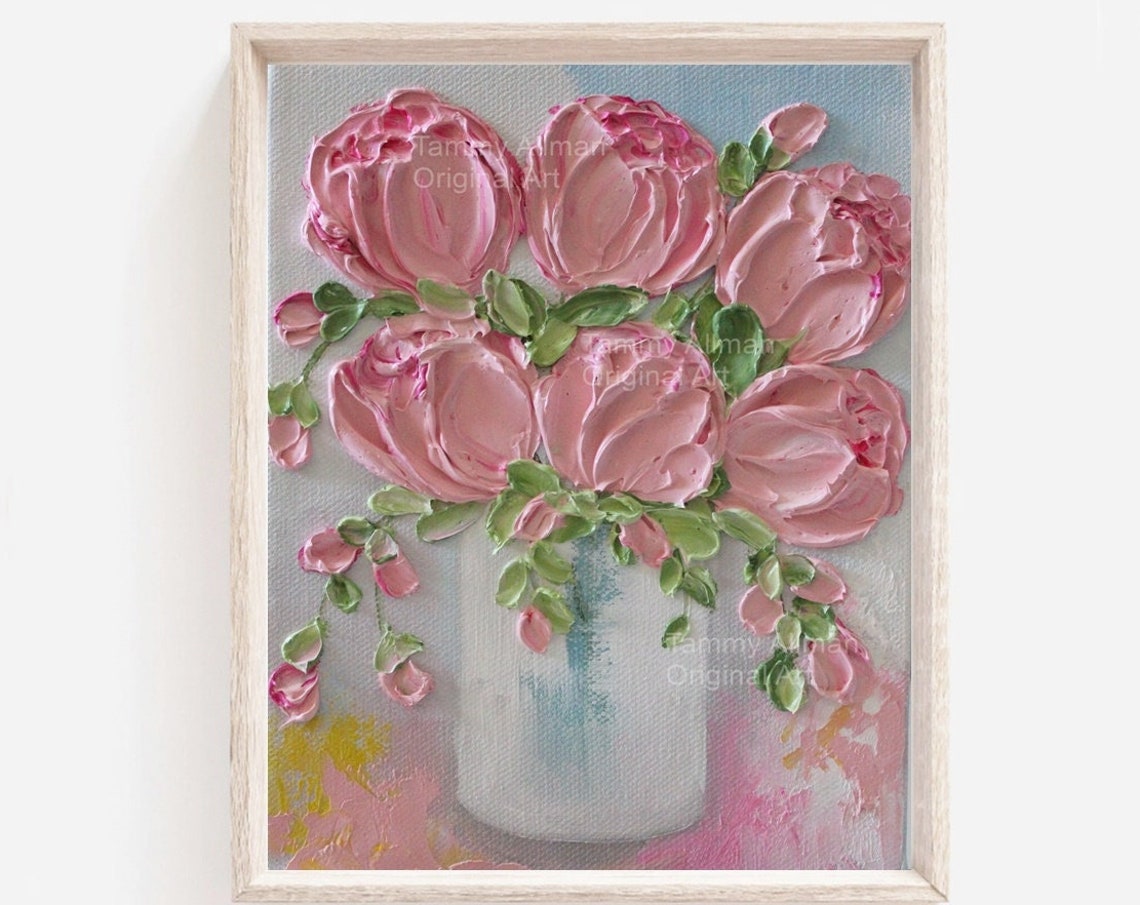 Blush Pink Peonies in White Vase Impasto Framed Floral Art Poster