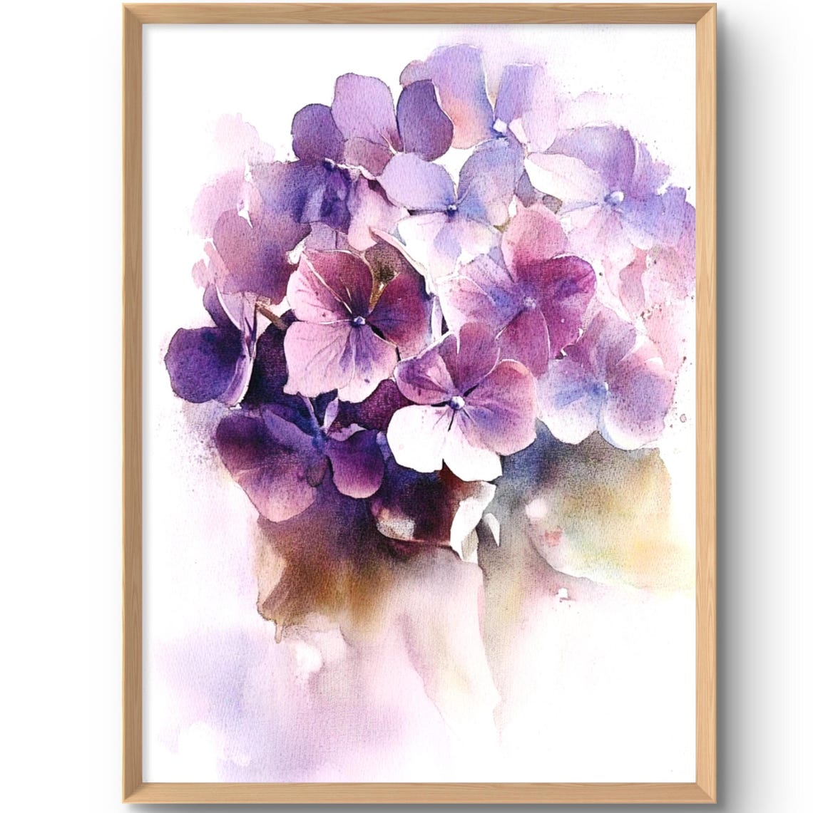 Hydrangea Art Print Floral Wall Decor Pink Flower Hydrangeas Watercolor Style Botanical Purple Flowers Poster