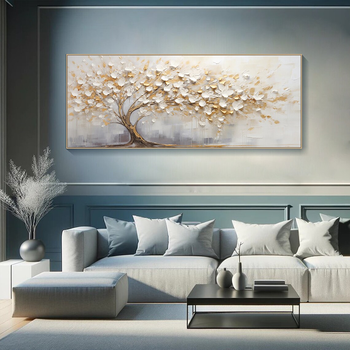 Original Gold White Blooming Painting On 3d Abstract Textured Wall Art Skyward View Tree Art Living Room Art Natural Scenery Painting - Image 4