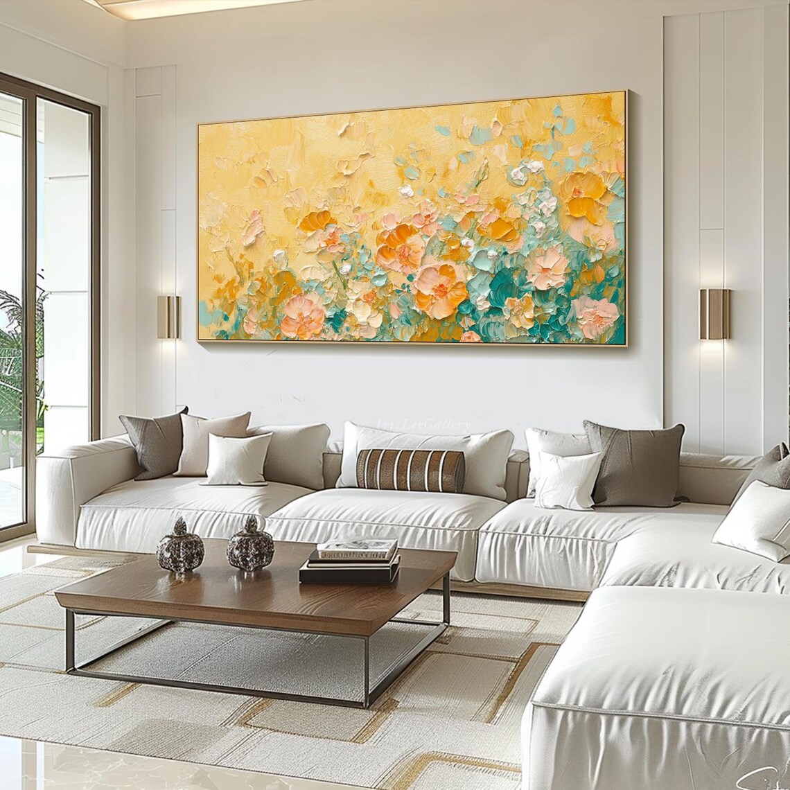 Golden Yellow Orange Blossom Teal Leaves Boho Floral Painting Wall Art - Image 4