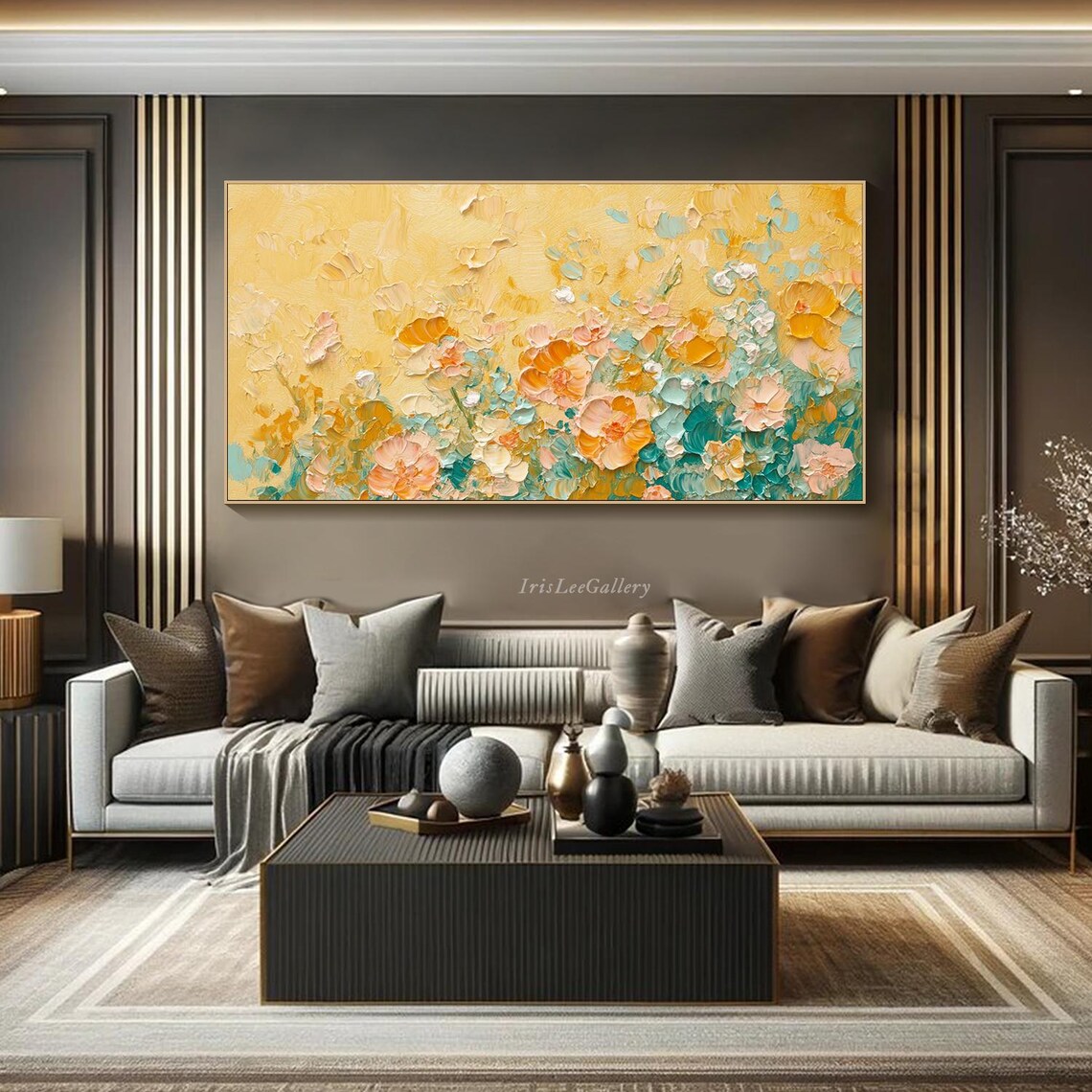 Golden Yellow Orange Blossom Teal Leaves Boho Floral Painting Wall Art - Image 3