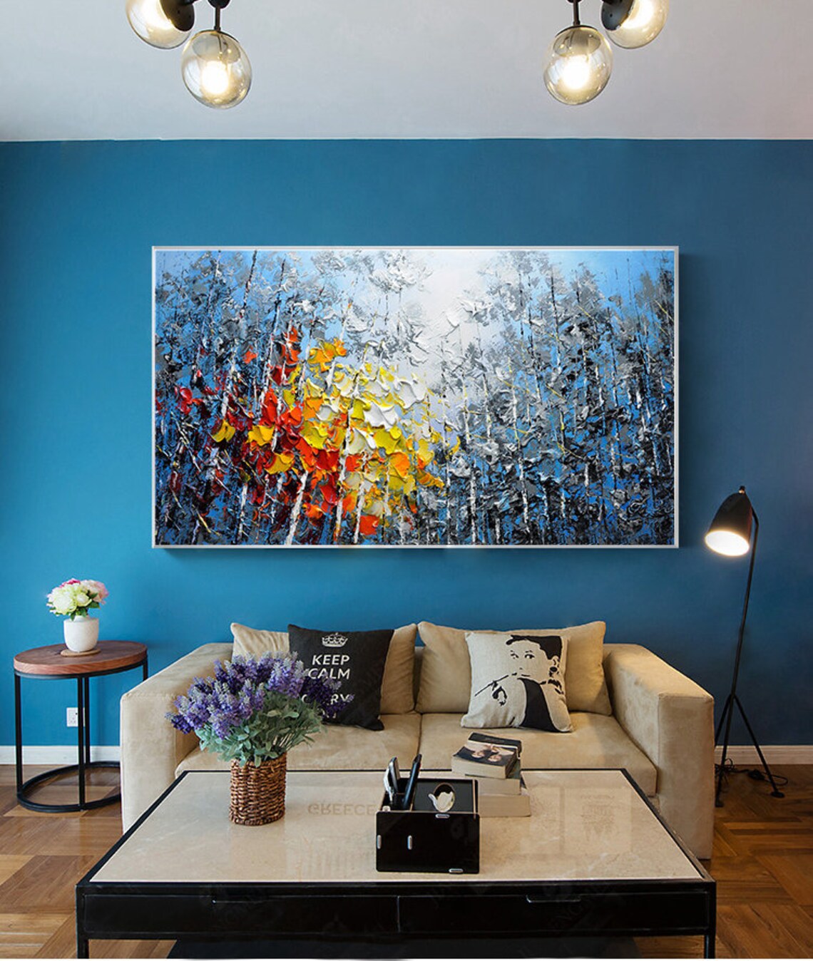 Blue Sky Colorful Forest Oil Painting Art Print - Image 4