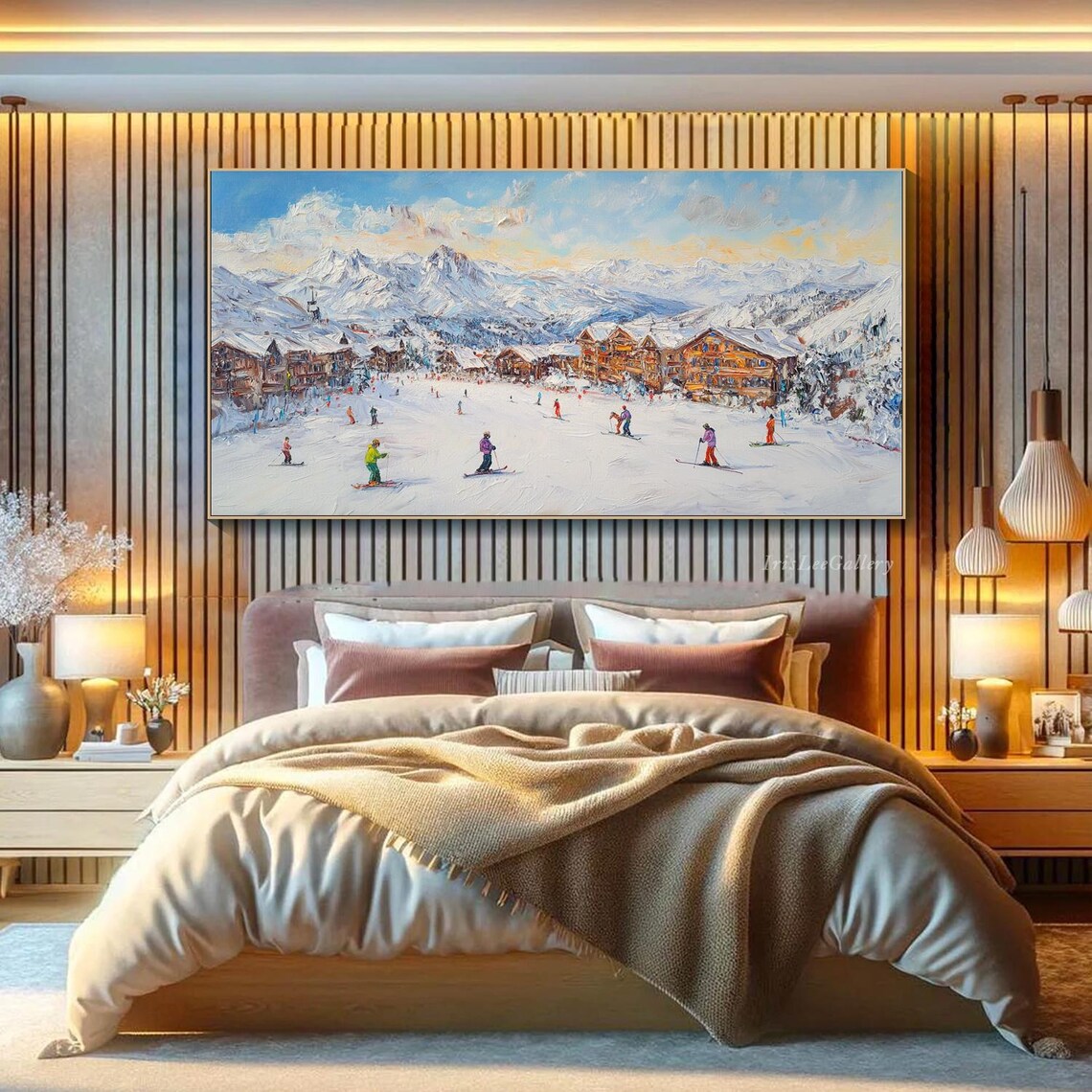 Ski Resort Village Chalets Snowy Mountain Skiers Painting Wall Art - Image 2