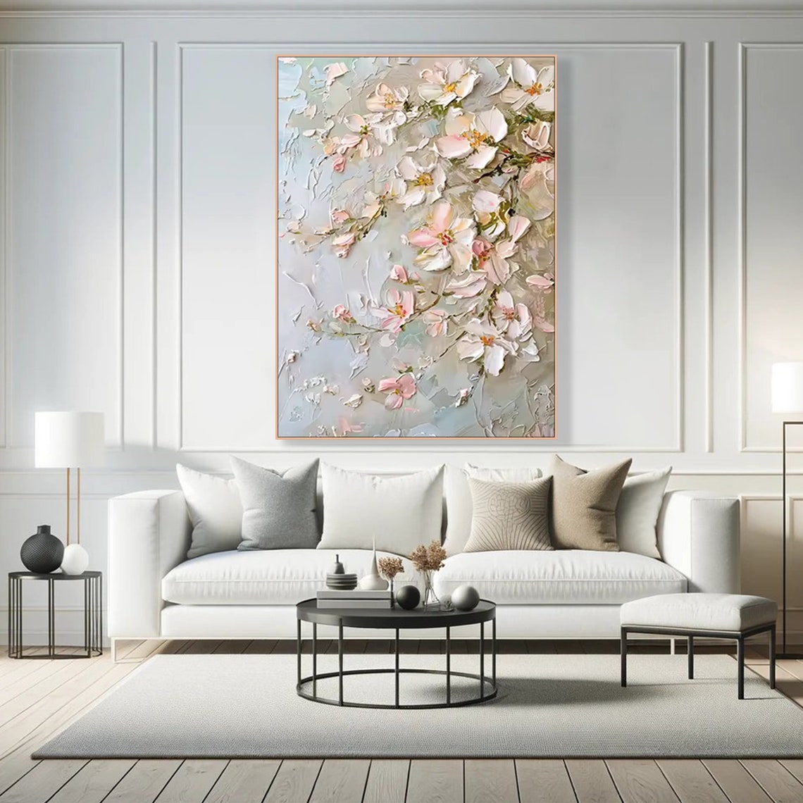 Pink Cherry Blossom Branches Textured Cream Impasto Spring Art Poster - Image 4