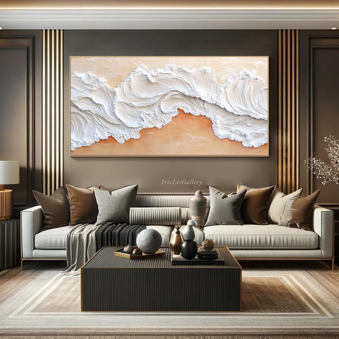 White Plaster Waves Over Peach Beach 3D Neutral Coastal Art Poster - Image 2