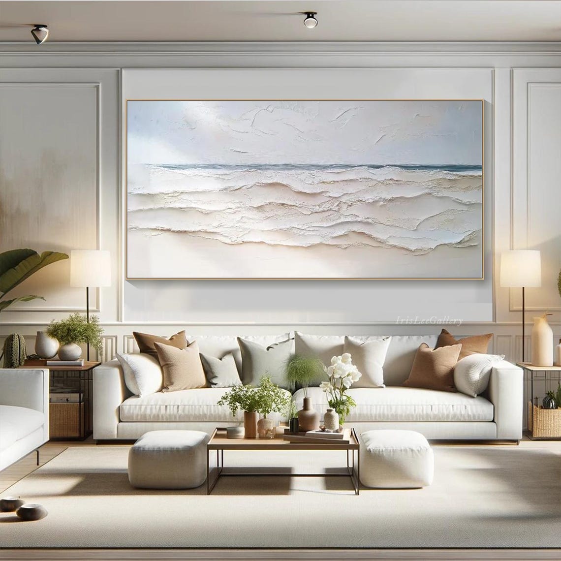 Neutral White Ocean Wave Panoramic 3D Textured Seascape Wall Art - Image 3