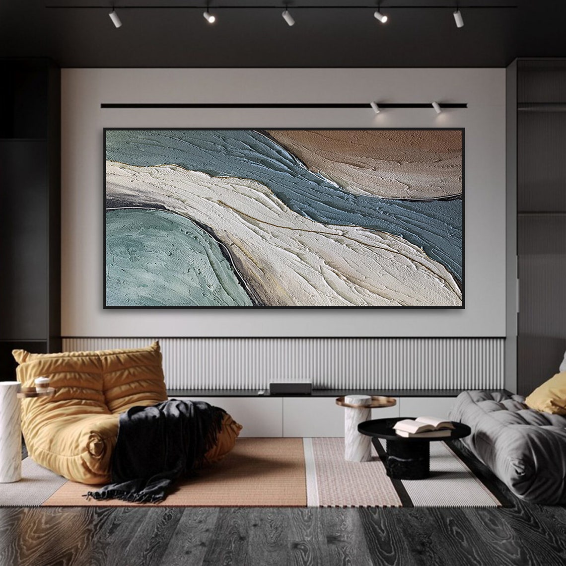 Teal Green Ivory Abstract Wave Textured Wabi Sabi Coastal Art Poster - Image 3