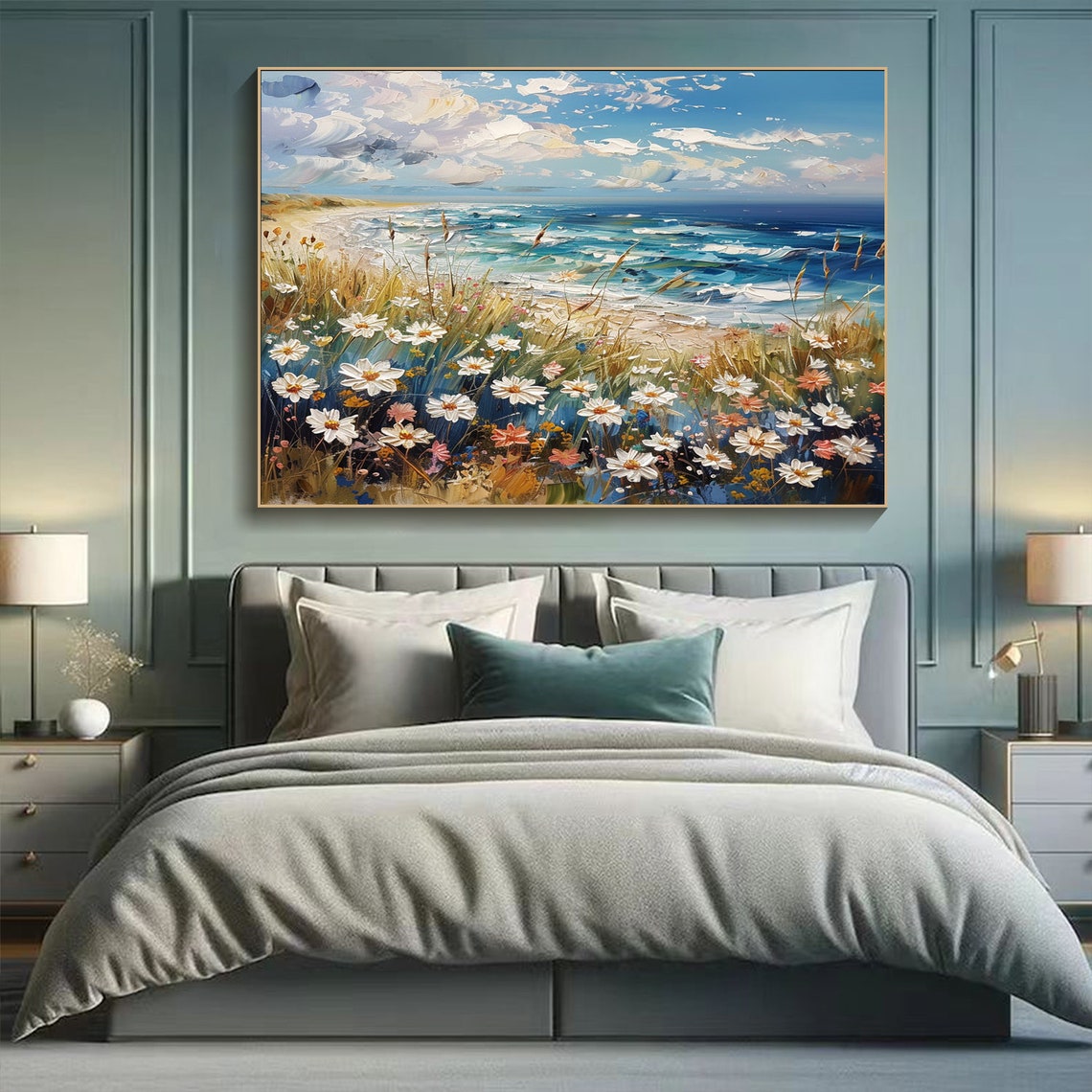 White Daisies by the Sea Blue Ocean Meadow Coastal Art Poster - Image 2