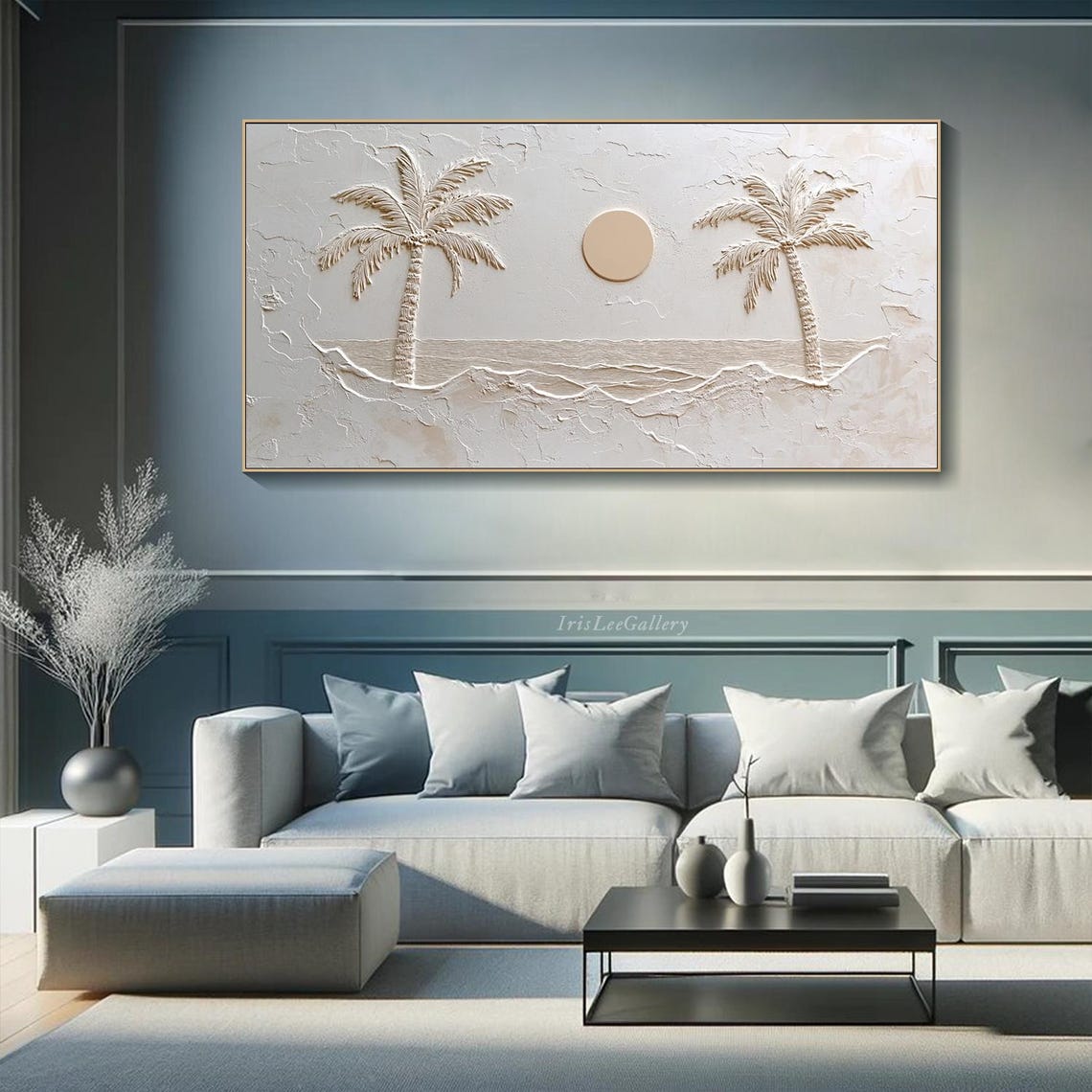 White Palm Tree Sun 3D Plaster Relief Coastal Wabi Sabi Wall Art - Image 2