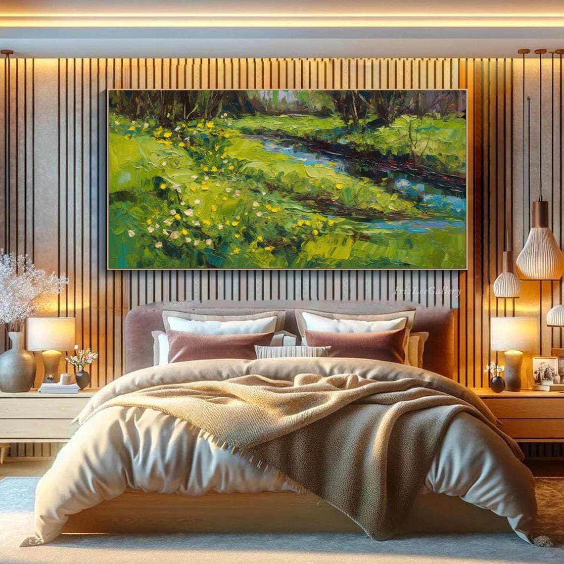 Spring Meadow Painting On Impasto Texture Wall Art Green Yellow Nature Art Modern River Art Vibrant Countryside Art Living Room Art - Image 2