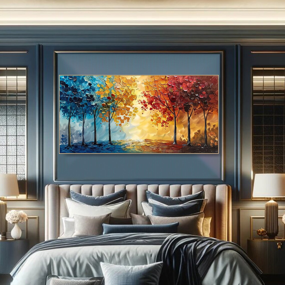 Colorful Rainbow Trees Blue Yellow Red Impasto Autumn Art Poster - Image 4