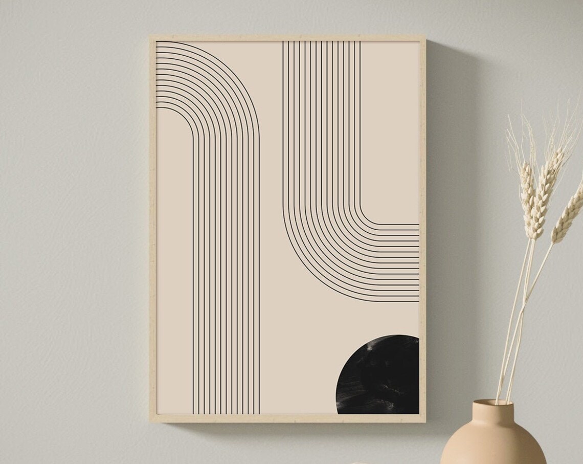 Minimalist Curved Line Abstract Beige and Black Modern Art Poster